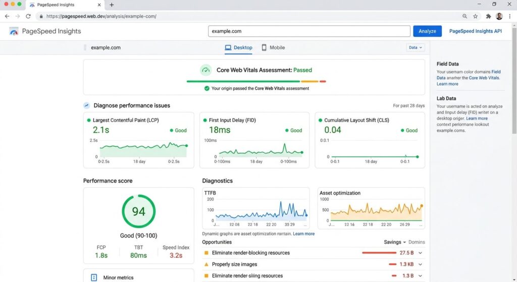Google PageSpeed Insights dashboard med Core Web Vitals metrics for en webside