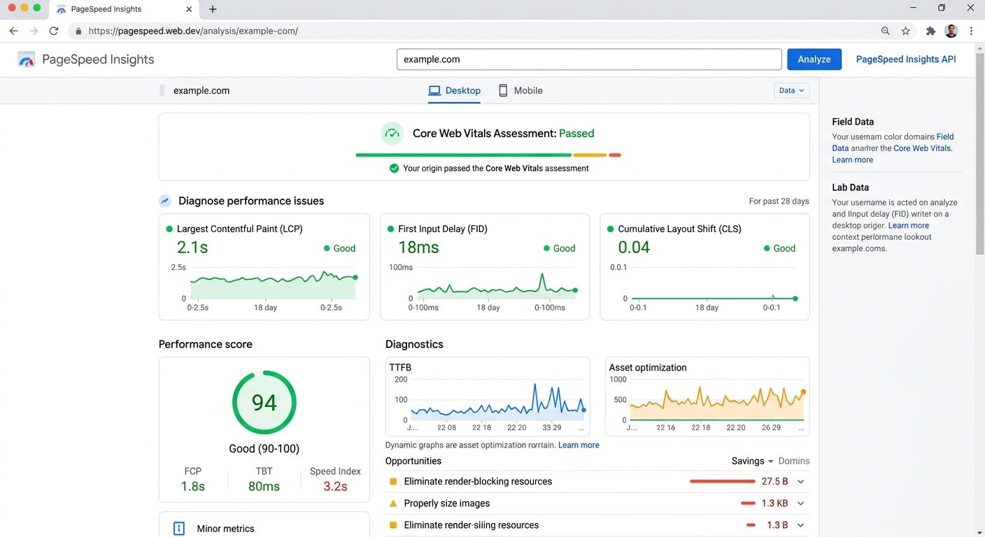 Google PageSpeed Insights dashboard med Core Web Vitals metrics for en webside