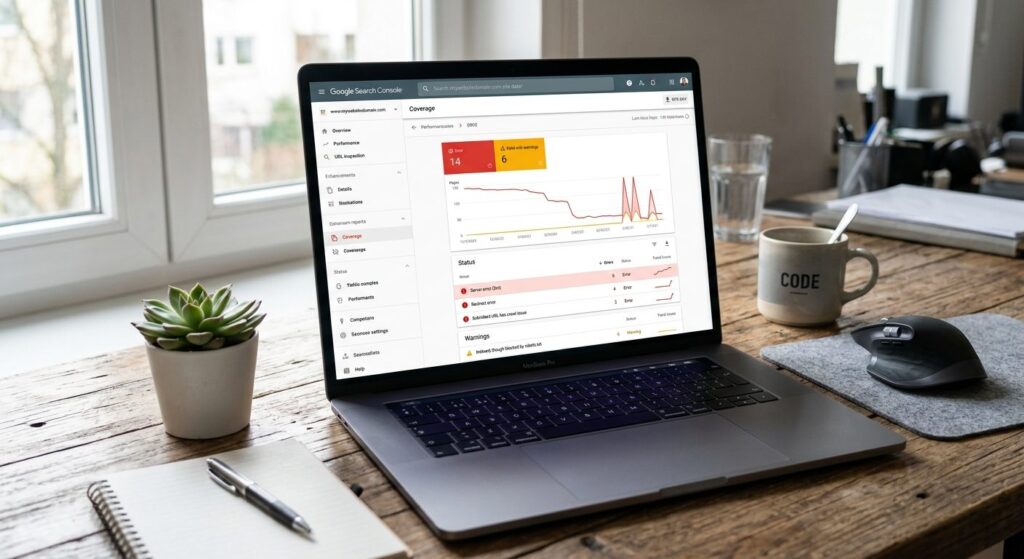 Laptop med Google Search Console åben viser skjulte SEO-fejl og advarsler