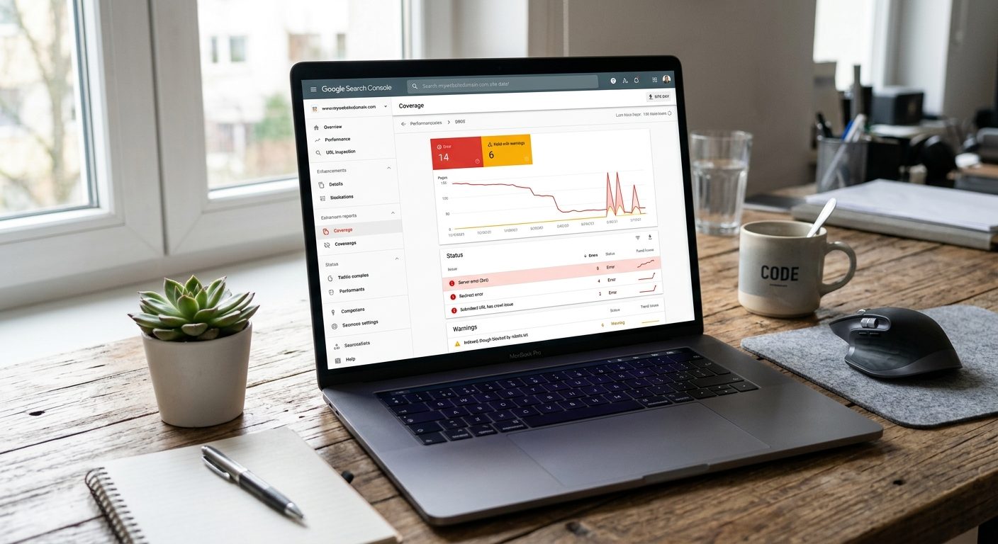 Laptop med Google Search Console åben viser skjulte SEO-fejl og advarsler