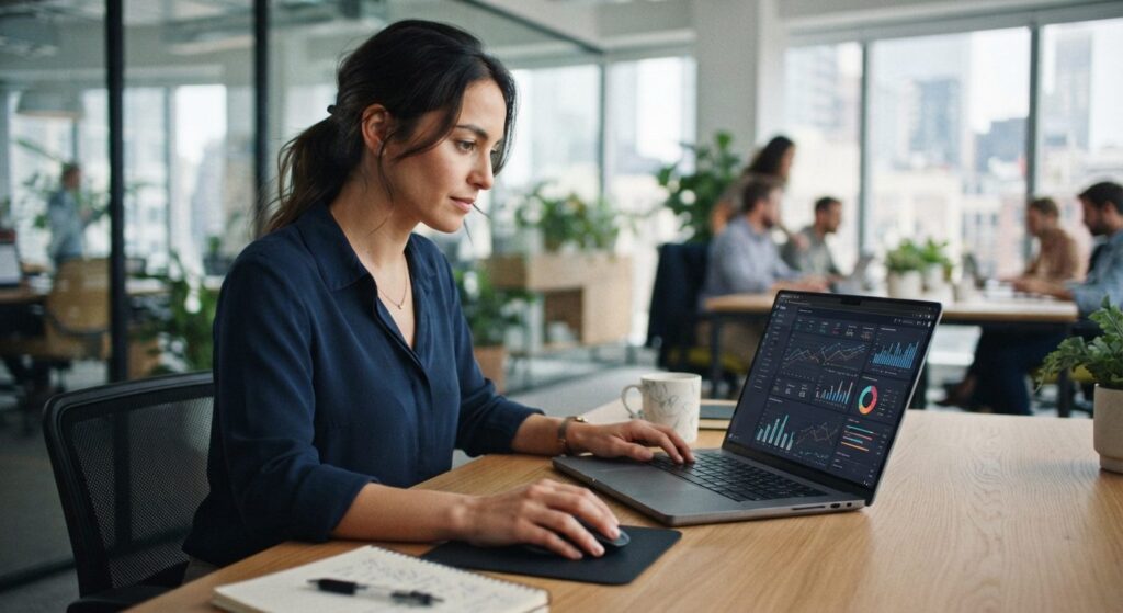 Person der analyserer data i Google Search Console på en bærbar computer