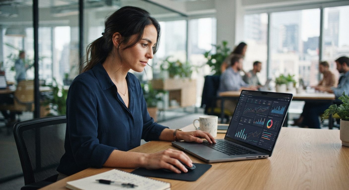 Person der analyserer data i Google Search Console på en bærbar computer