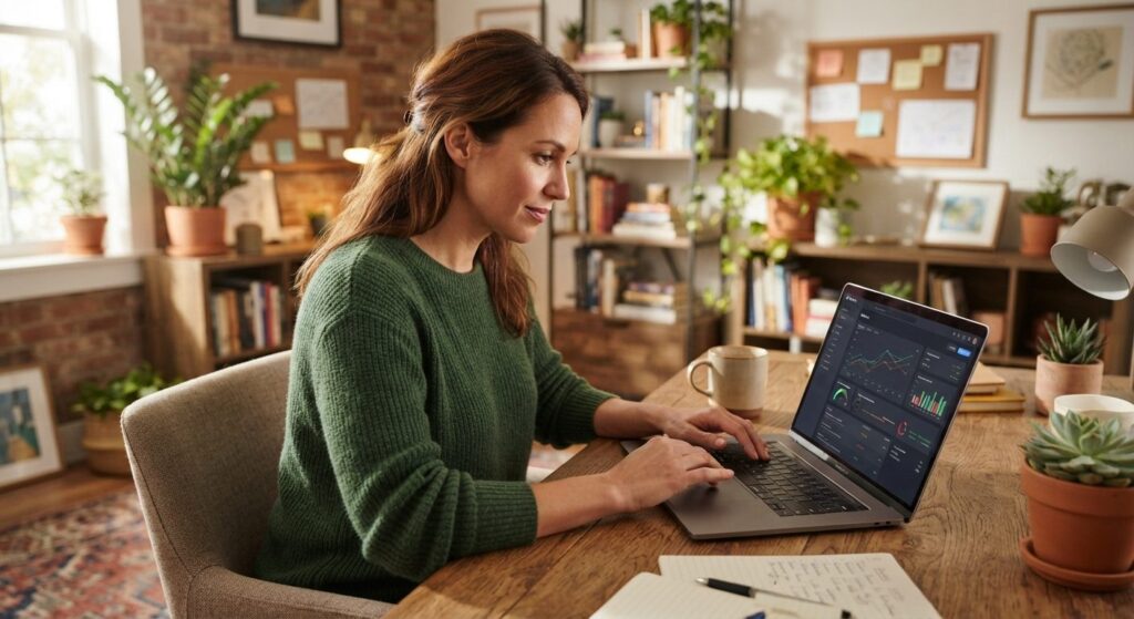 Ejer af lille virksomhed arbejder med SEO for SMV på sin computer