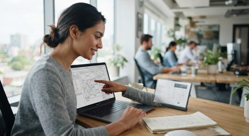 Webdesigner planlægger strukturen på en seo venlig hjemmeside på en bærbar computer