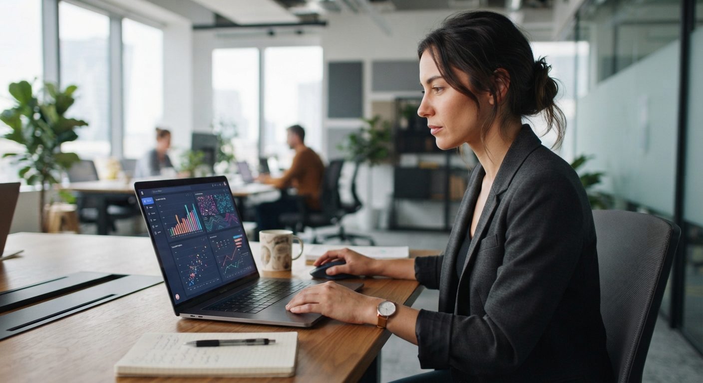 Marketingmedarbejder laver søgeordsanalyse på computer til SEO-strategi