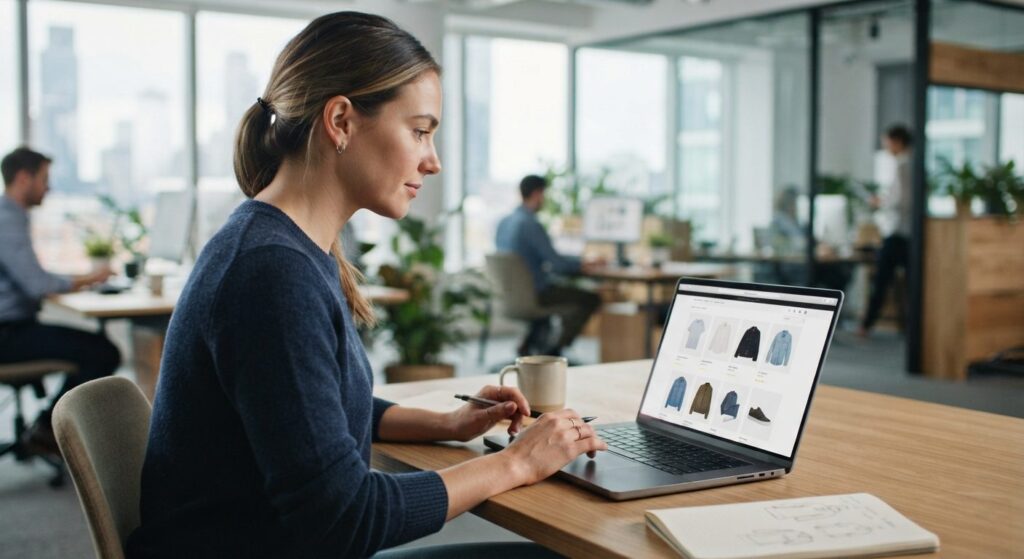 Person analyserer webshop SEO og produktsider på en bærbar computer
