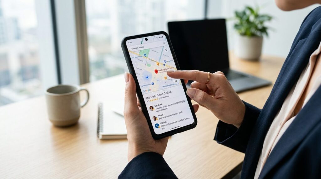 Close-up shot of a smartphone displaying Google Maps with a