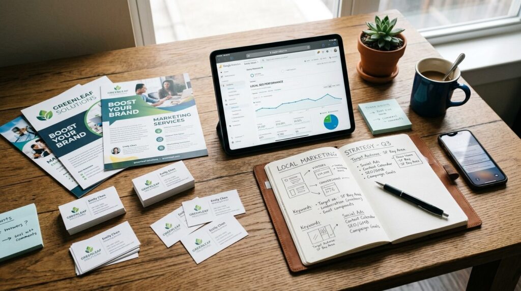 Overhead view of a marketing strategy workspace showing prin