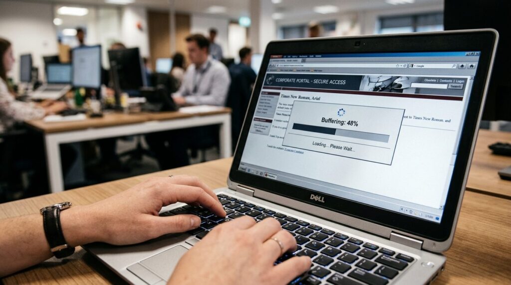 Close-up of hands typing on a keyboard with a slow loading w