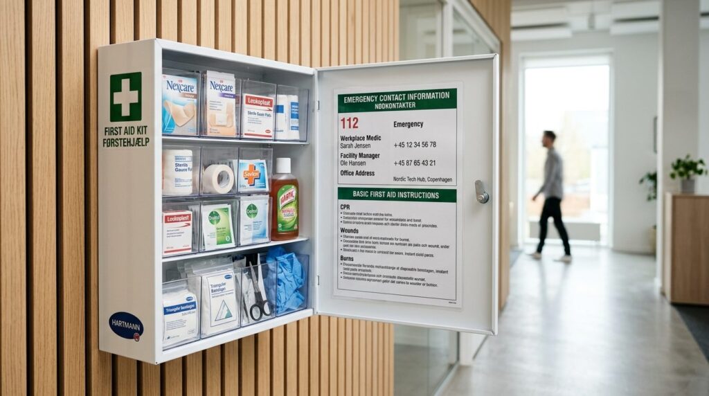 Close-up of a well-organized first aid kit mounted on a clea