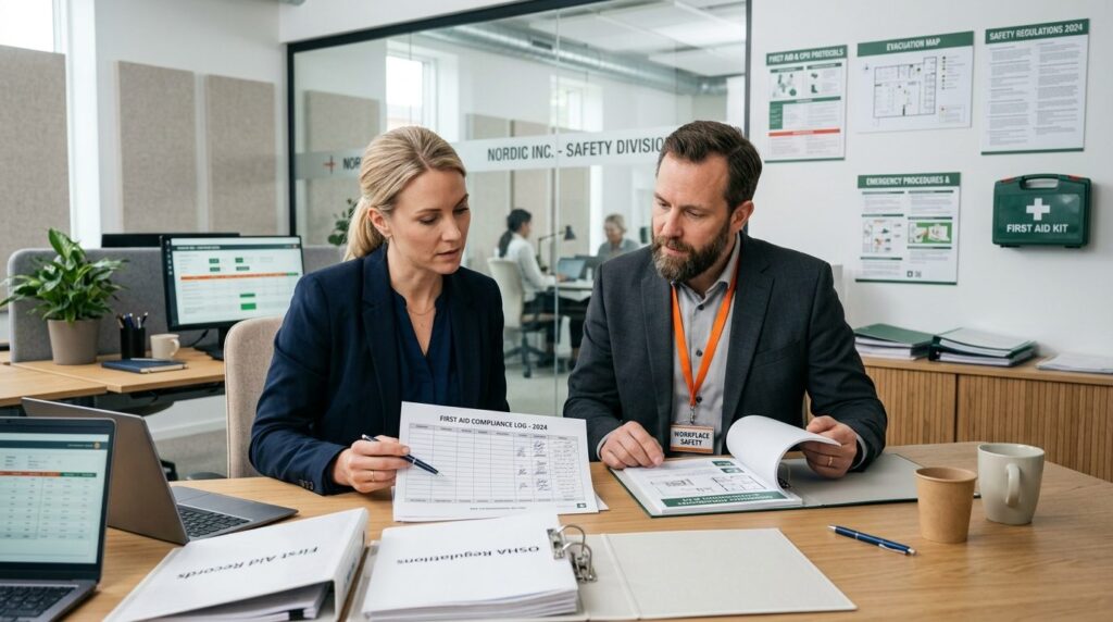 HR manager and workplace safety officer reviewing first aid