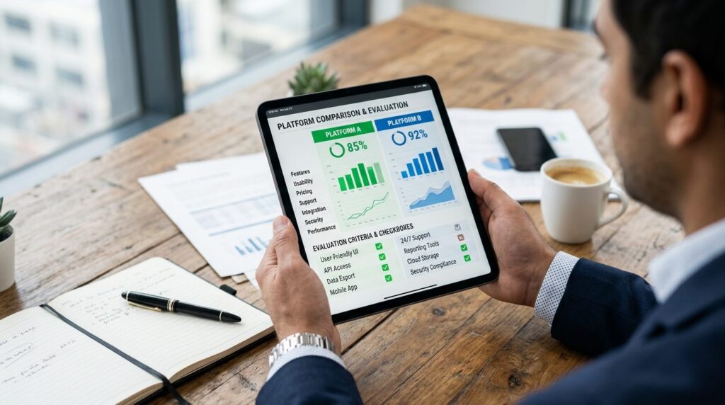 Close-up of businessmans hands holding a tablet device, dis