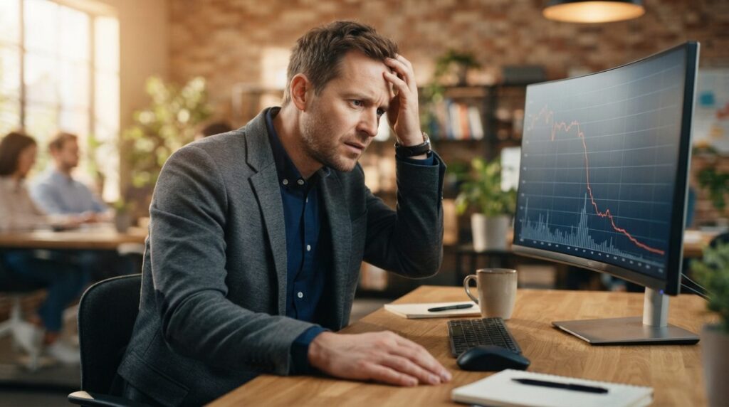 Close-up of a frustrated business owner looking at computer 