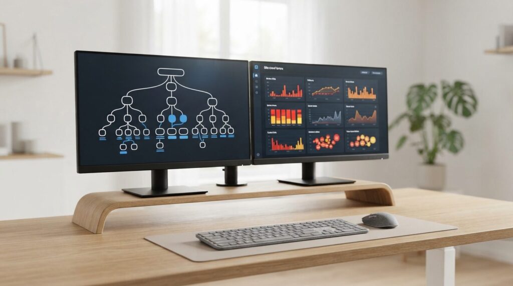 Technical SEO concept visualization: split-screen showing we