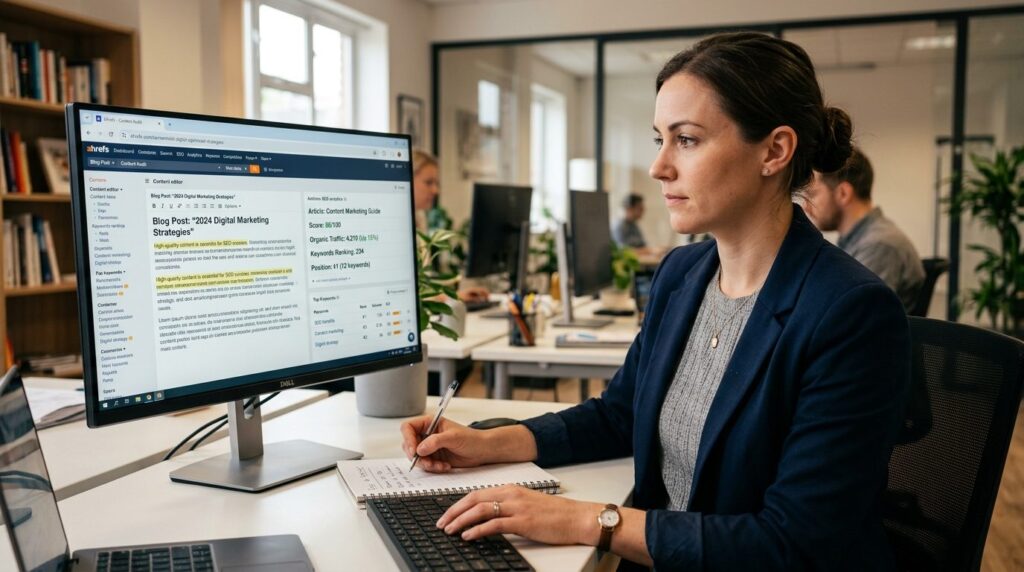 Close-up of professional copywriter reviewing SEO-optimized