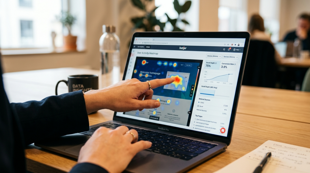 Close-up view of a business analysts hands pointing at a la