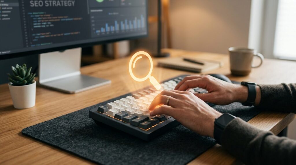 Close-up of hands typing on keyboard with a single glowing m
