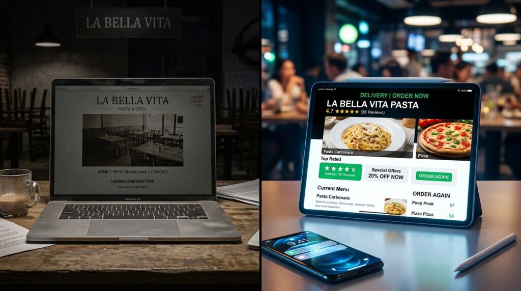 Split-screen style stock photo showing a restaurant website