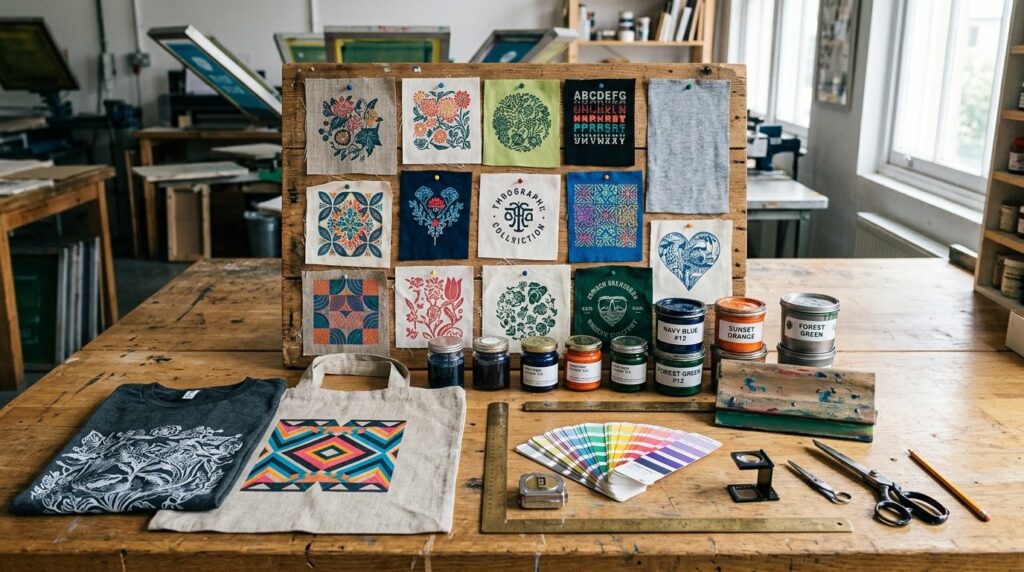 Flat-lay overhead shot of printed fabric samples and product