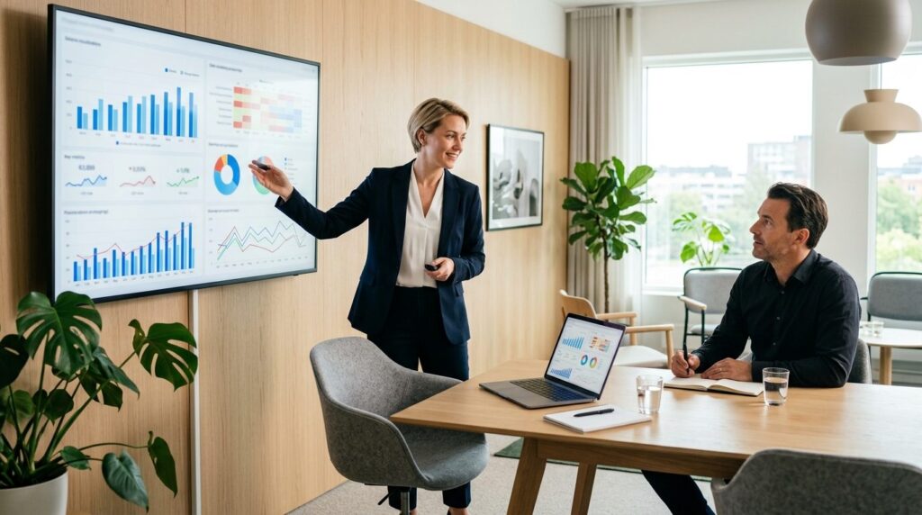 Digital marketing professional presenting analytics data to