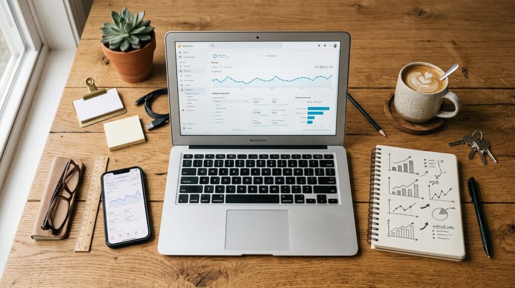 Overhead flat lay photograph of a small business owners wor