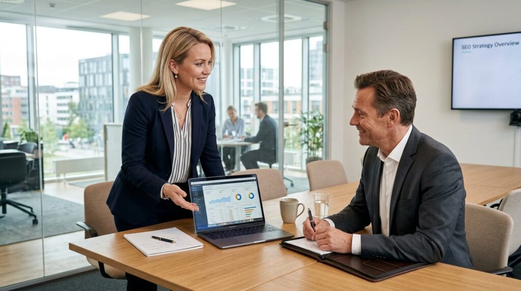 Professional business meeting photograph showing a female Da