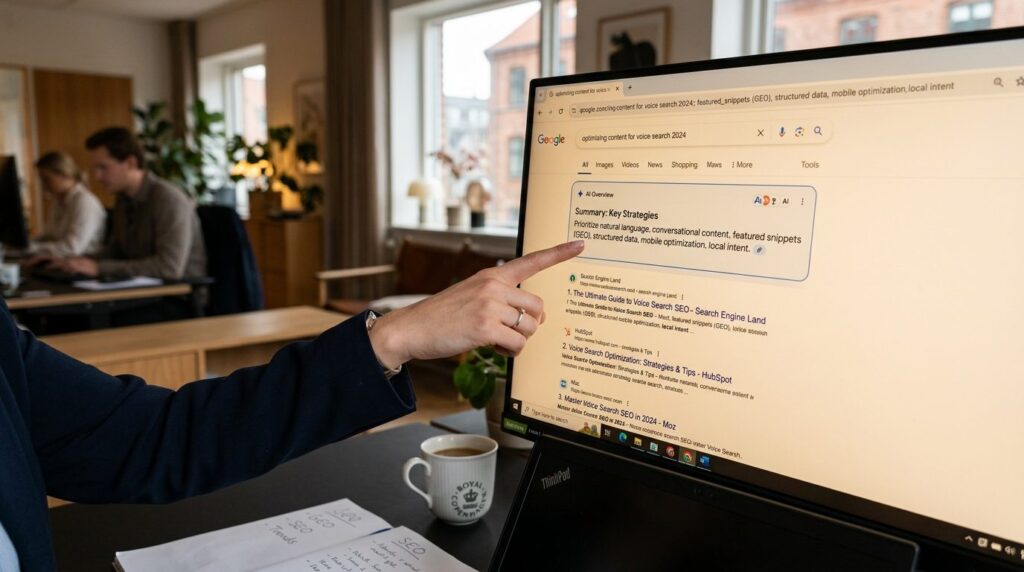 Close-up photograph of a digital marketers hand pointing at