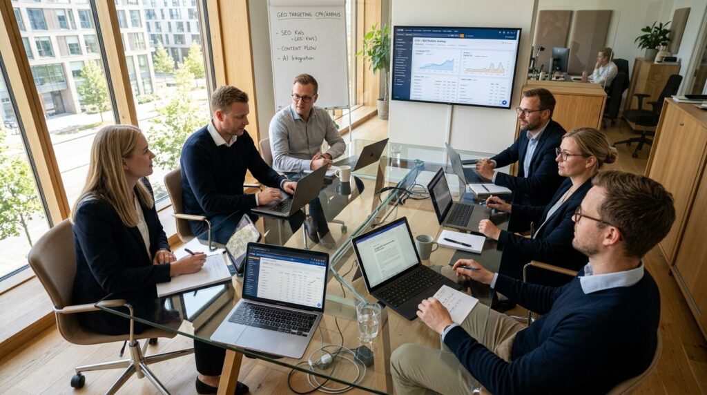 Overhead perspective of a Danish business team around a glas