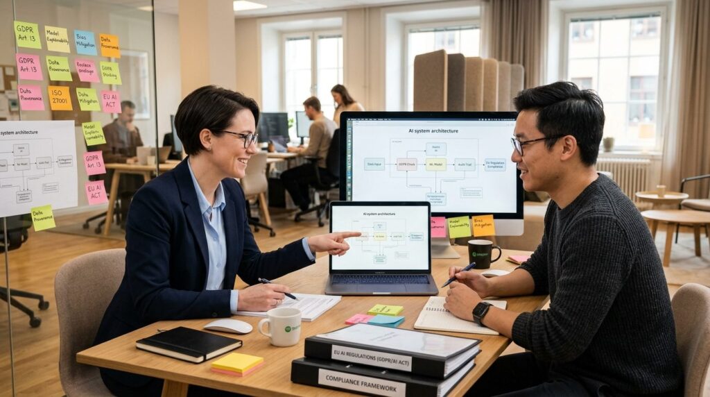 Female compliance officer and male developer collaborating a