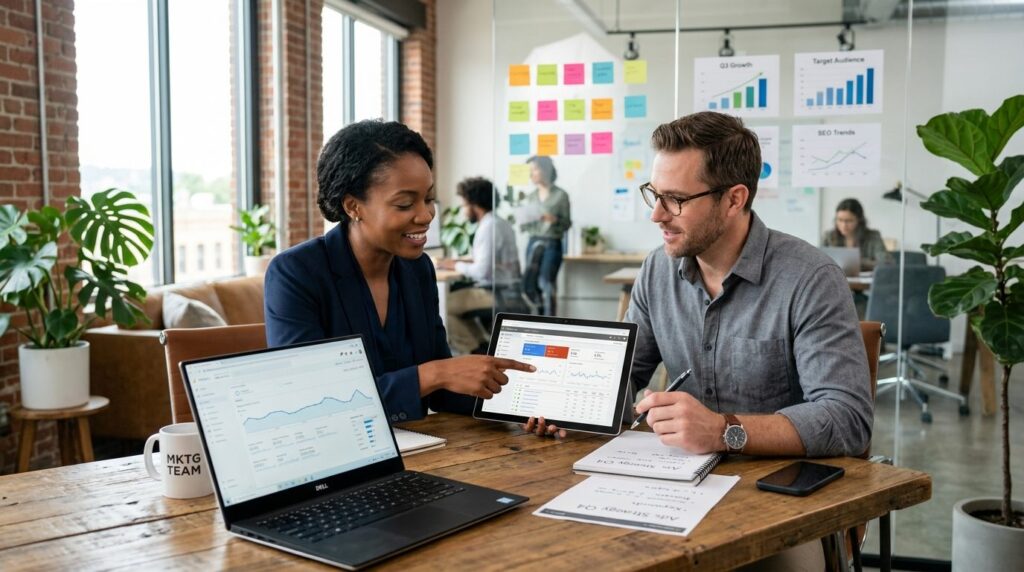 Two business professionals in modern office meeting, reviewi