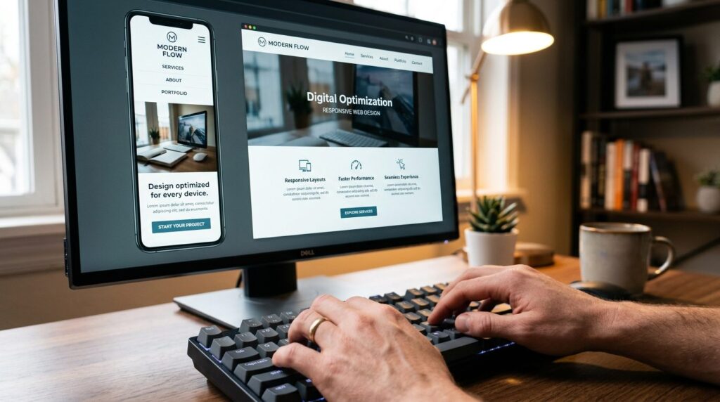 Close-up of hands typing on keyboard with responsive website