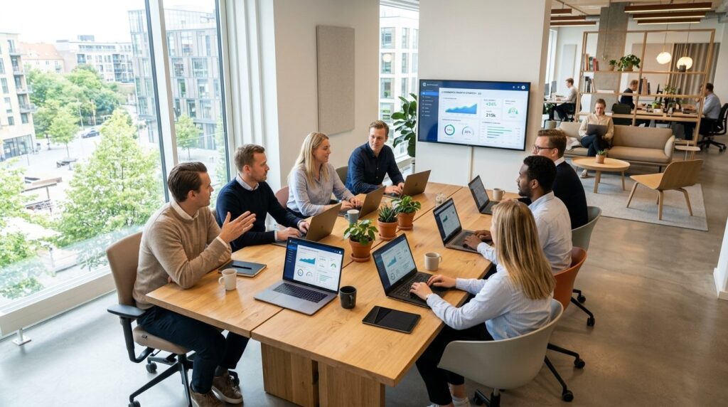 Aerial view of a modern Scandinavian office workspace with m