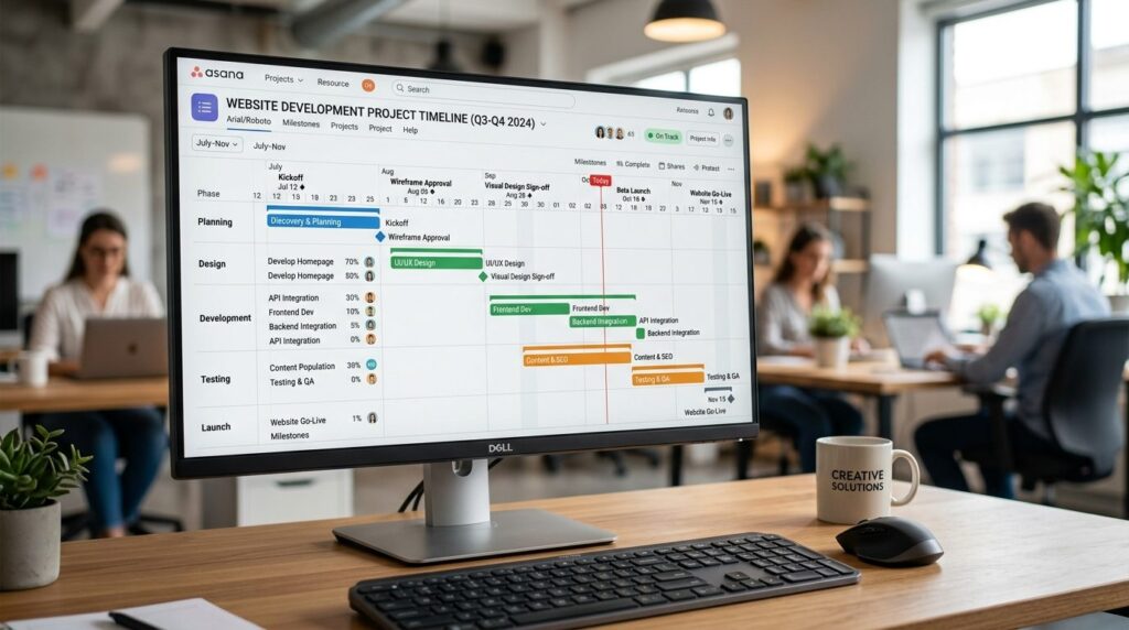 Close-up of project management timeline displayed on desktop