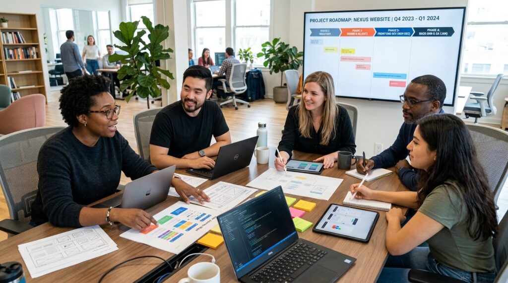 Team of web developers and designers collaborating around ta