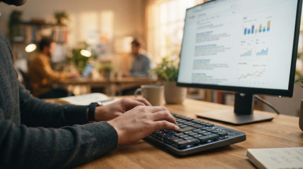 Close-up of hands typing on keyboard with Google search resu