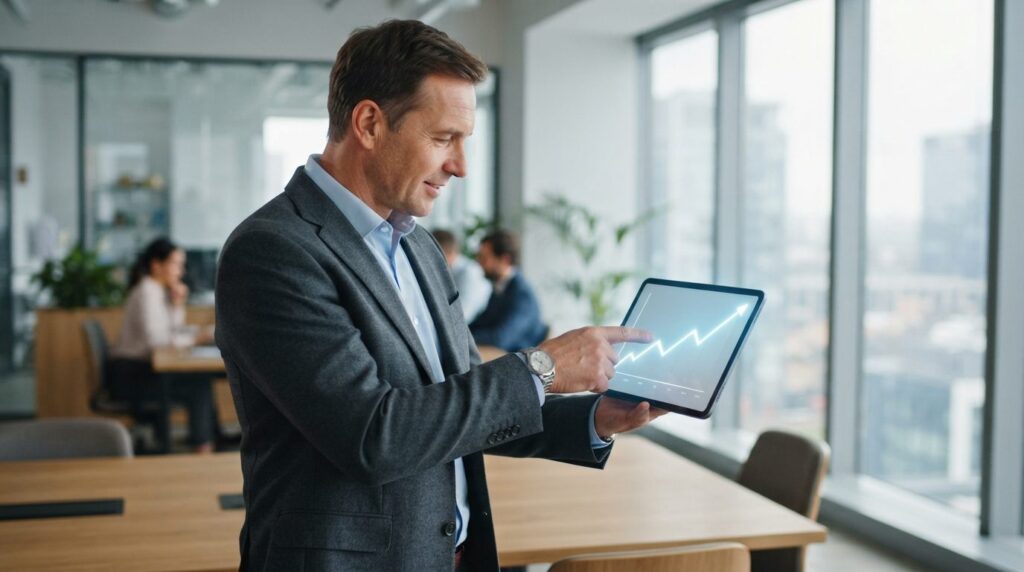 Timeline visualization concept: businessman pointing at upwa