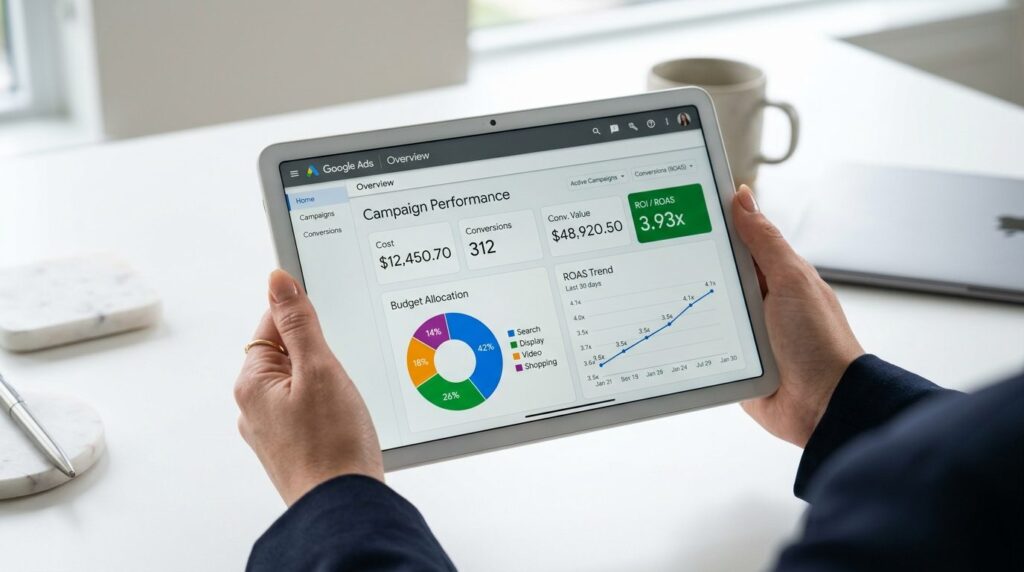 Hænder holder tablet med Google Ads-dashboard på skærmen.