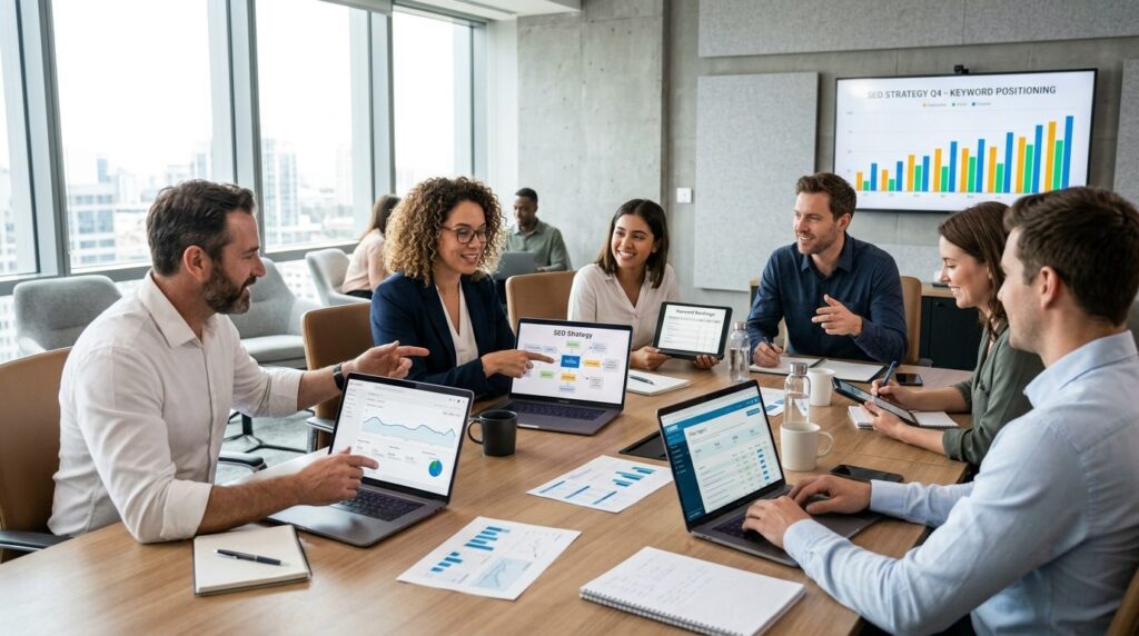 Team of digital marketers and business professionals collabo