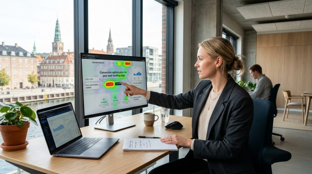 Professional woman at desk reviewing website landing page on