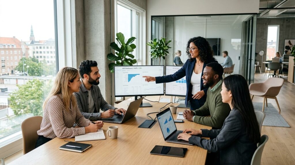 Photorealistic stock photo of a diverse team of marketing pr