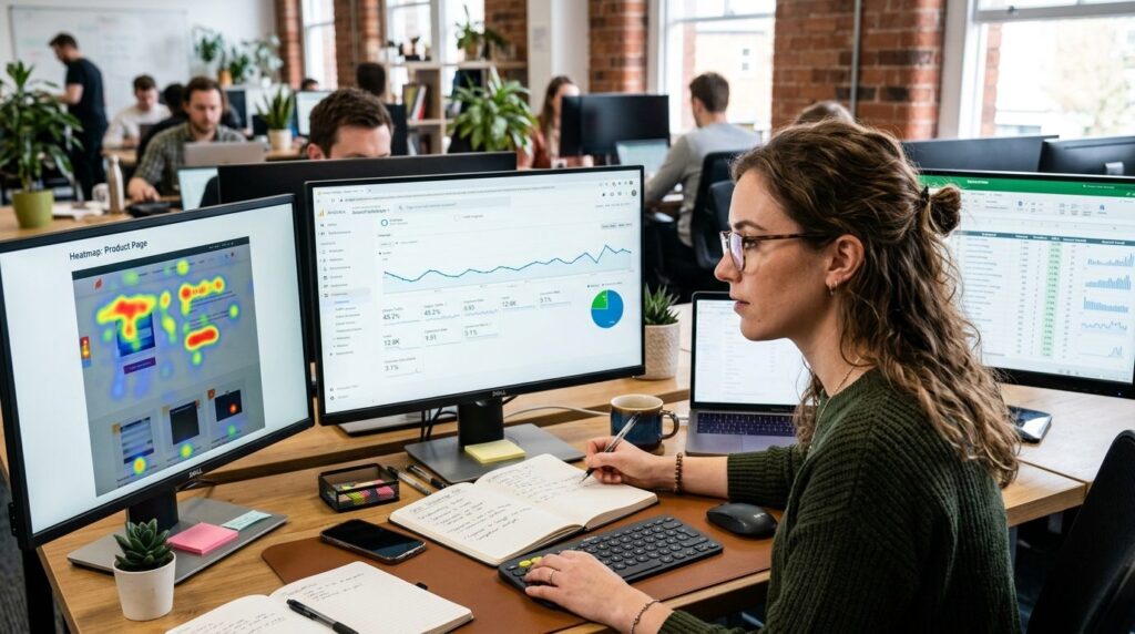 Close-up of female SEO specialist working at desk with multi
