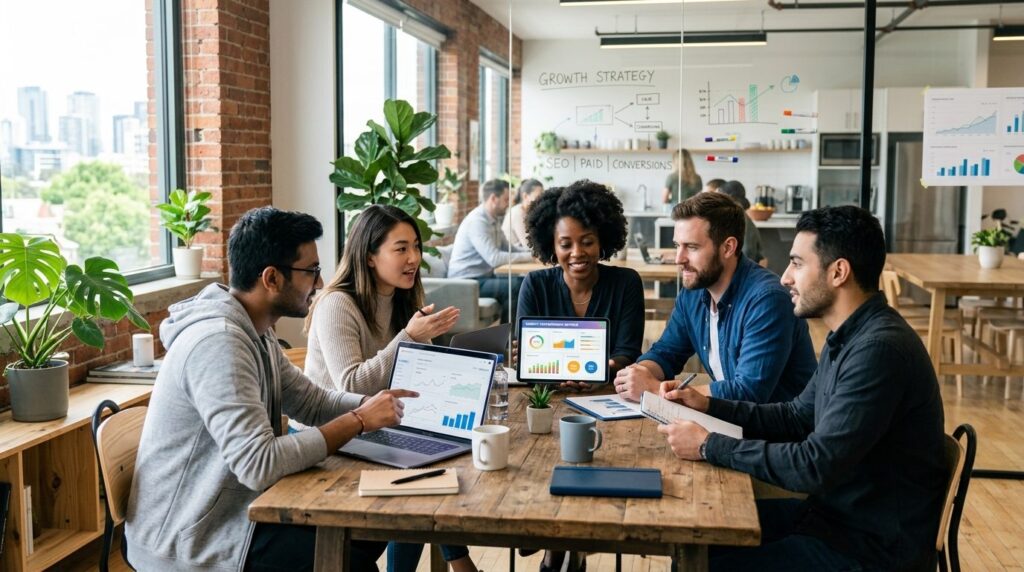 Team of digital marketing professionals in collaborative off