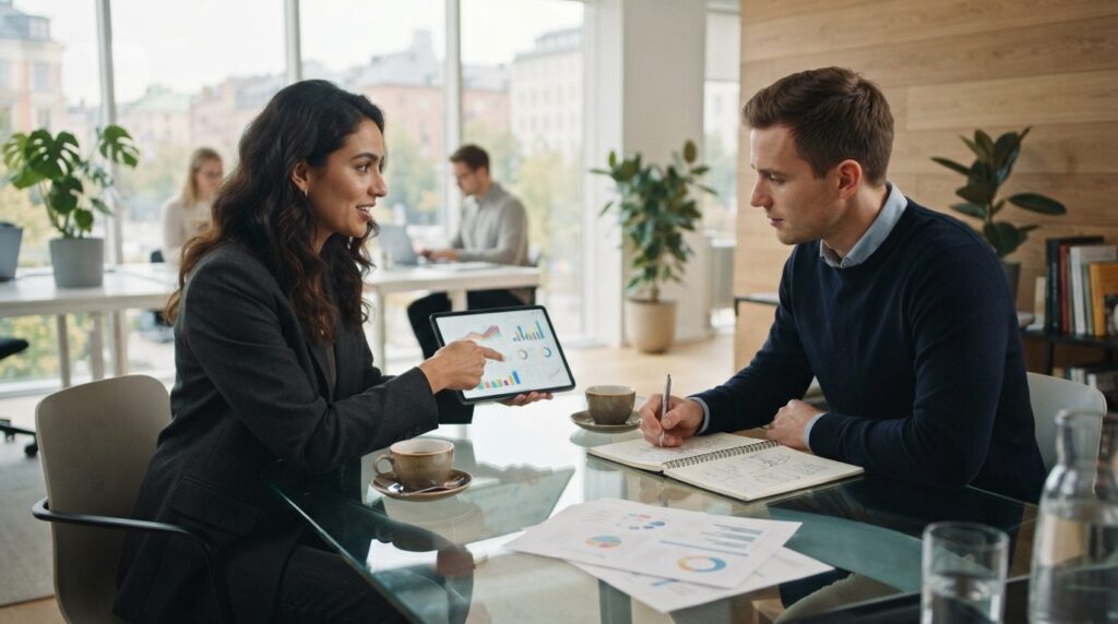 Two professionals in a modern Scandinavian office having a s