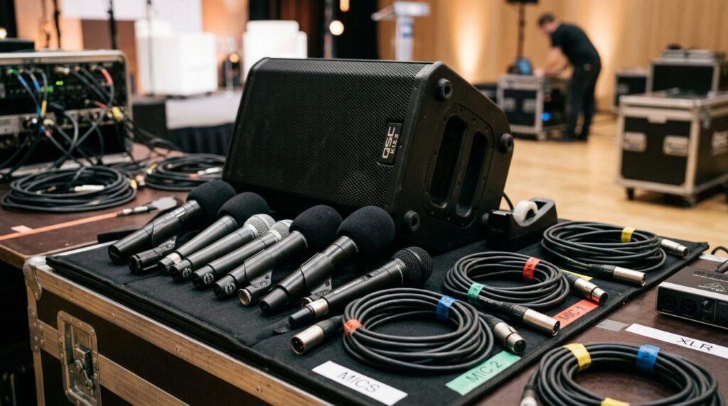Close-up of professional audio rental equipment including mi