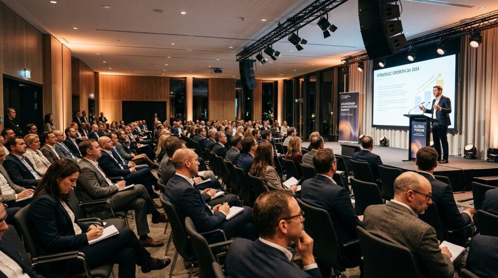 Business audience listening attentively during indoor corpor