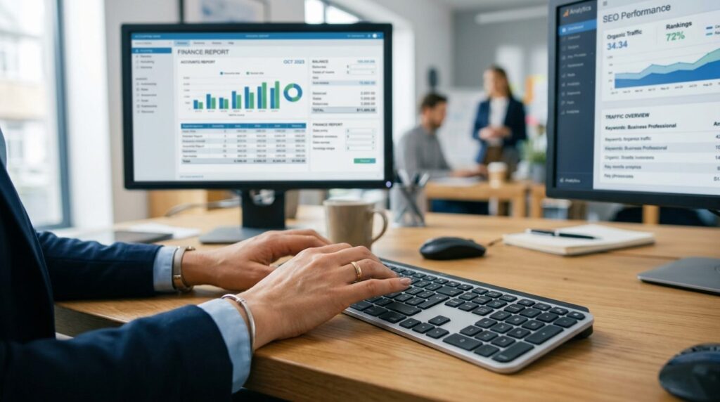 Close-up of business professionals hands typing on keyboard