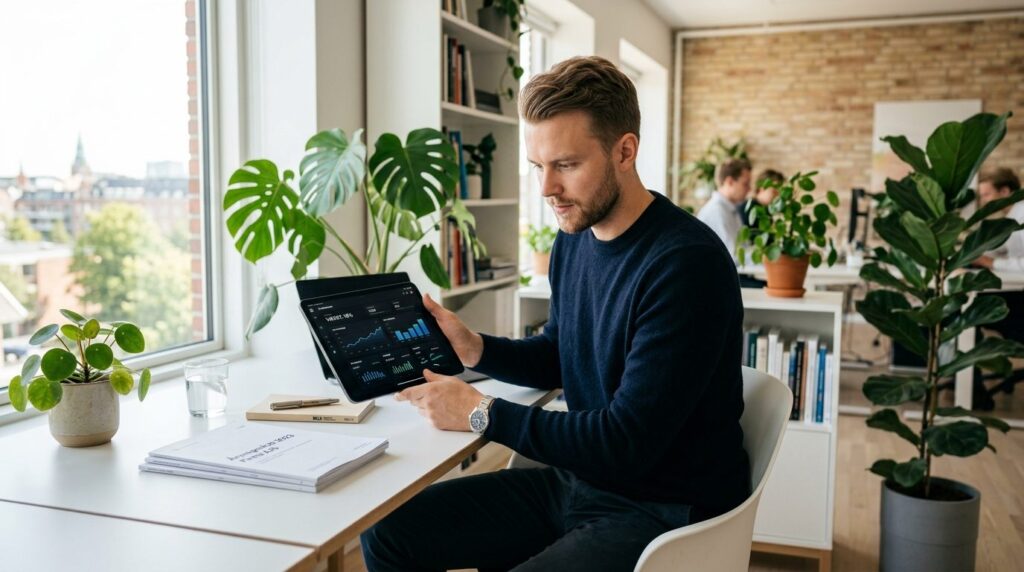 Young Danish entrepreneur reviewing growth metrics on tablet