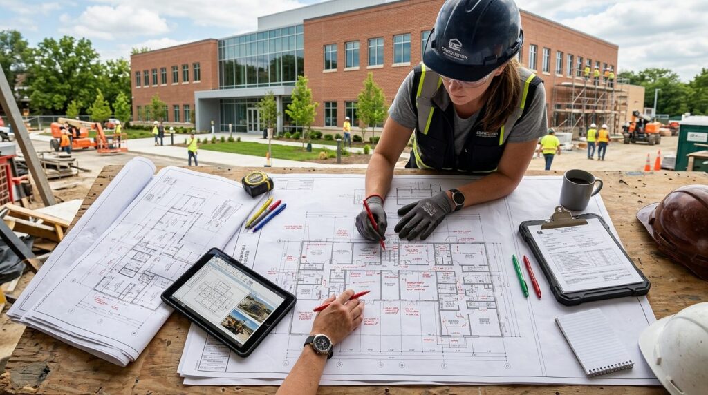 Overhead view of construction professional reviewing project