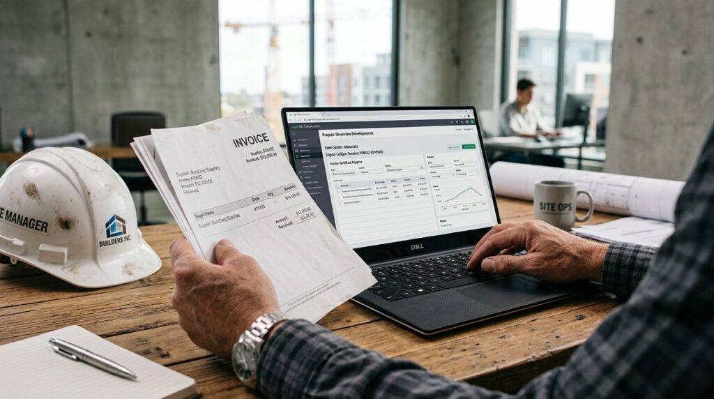 Close-up of construction project managers hands holding doc