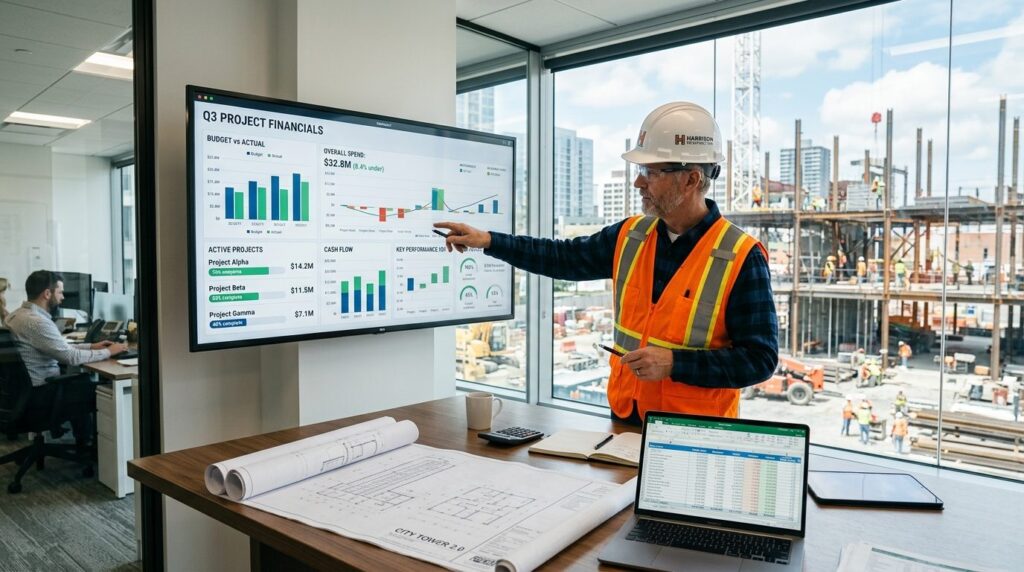 Construction company owner in hard hat and safety vest analy